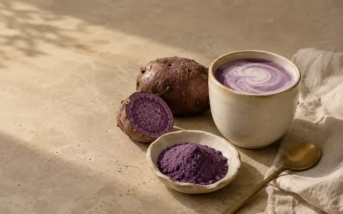 Wild Yam purple ube powder with a purple ube latte