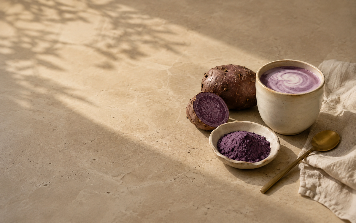 Creamy purple ube latte showing the natural colour of ube