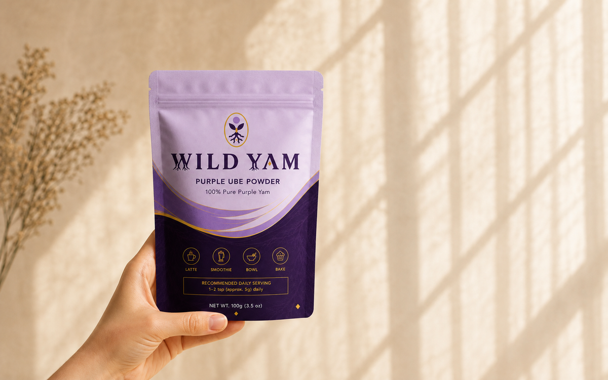 Resealable Wild Yam Purple Ube Powder pouch stored in a dry pantry